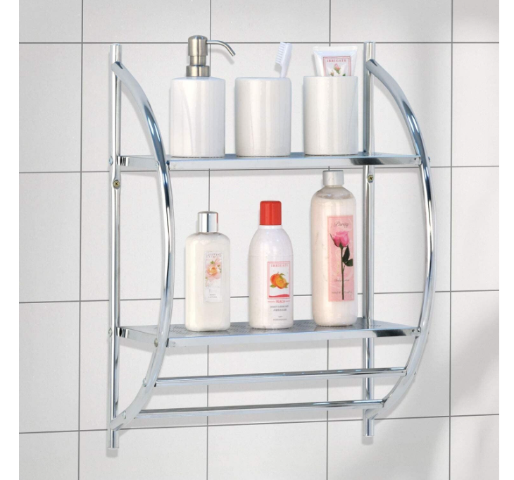 2 Tier Wall Mounted Curved Bathroom Storage Shelf with 2 Hanging Rail Towel Rack