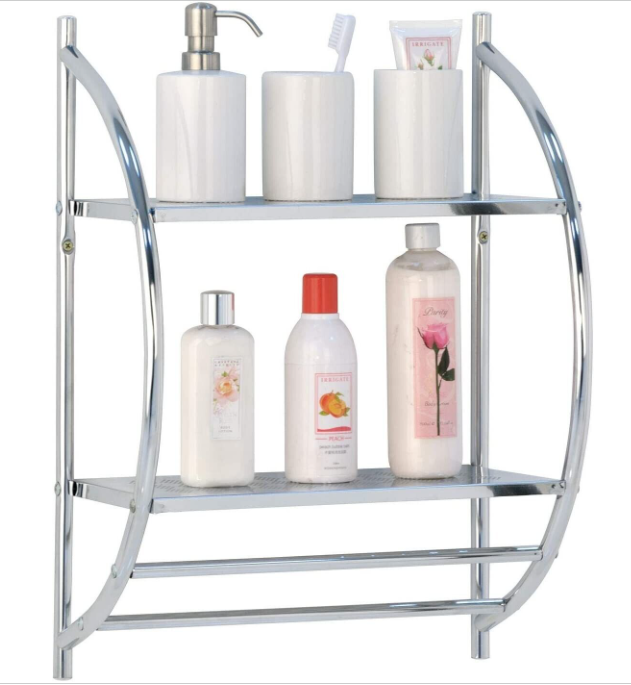 2 Tier Wall Mounted Curved Bathroom Storage Shelf with 2 Hanging Rail Towel Rack