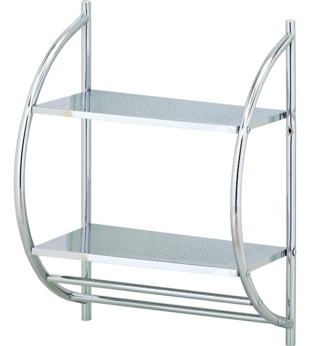 2 Tier Wall Mounted Curved Bathroom Storage Shelf with 2 Hanging Rail Towel Rack