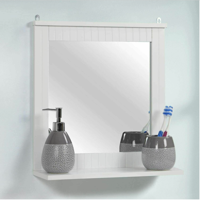 Wood Framed Wall Mounted Bathroom Mirror with Shelf Hanging Vanity Makeup White