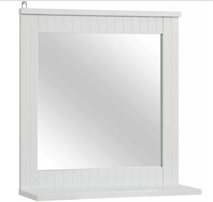 Wood Framed Wall Mounted Bathroom Mirror with Shelf Hanging Vanity Makeup White