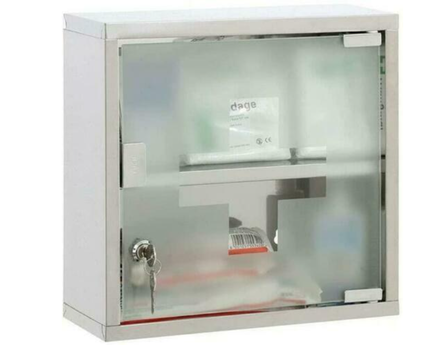 2 Tier Medicine Cabinet Wall Mounted Lockable Glass Door Keys First Aid Storage