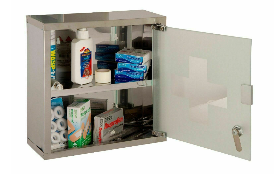 2 Tier Medicine Cabinet Wall Mounted Lockable Glass Door Keys First Aid Storage