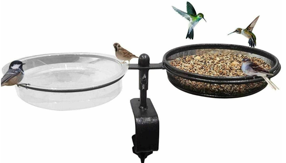 2 in 1 Deck Mounted Bird Bath Feeder Water Spa Table Balcony Garden Feeding Bowl