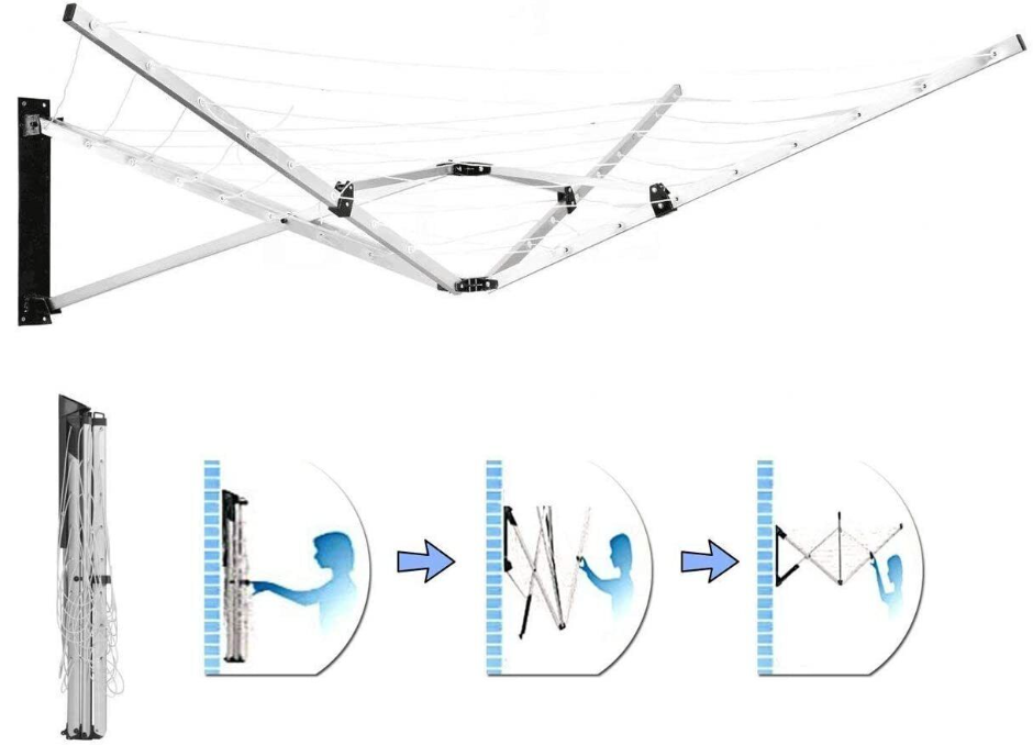 Wall Mounted 5 Arm 26m Clothes Airer Folding Concertina Cloth Dryer Washing Line