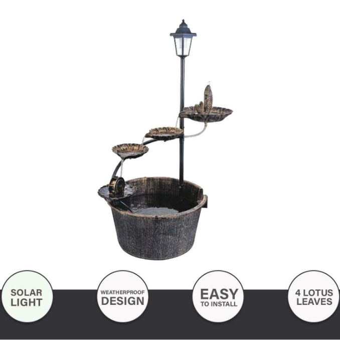 Garden Ornamental Antique Bird Bath Fountain Wood Effect Standing Solar Lamp