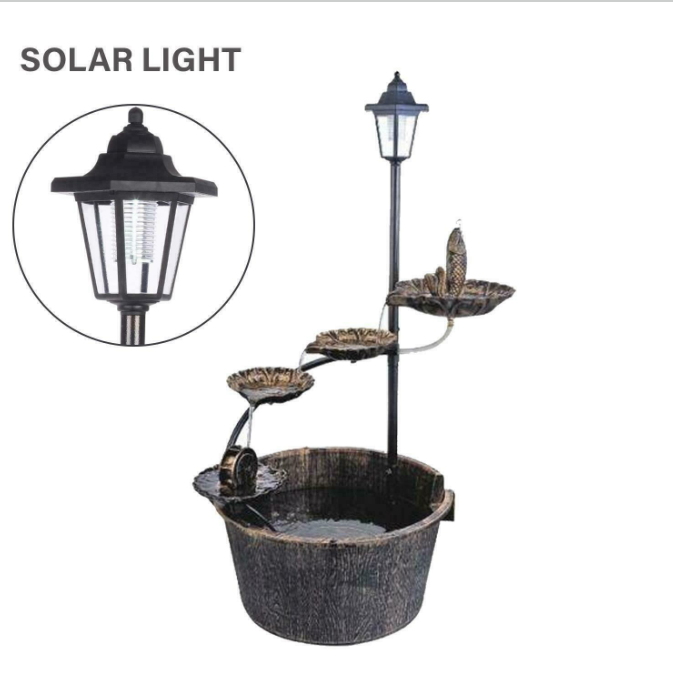 Garden Ornamental Antique Bird Bath Fountain Wood Effect Standing Solar Lamp