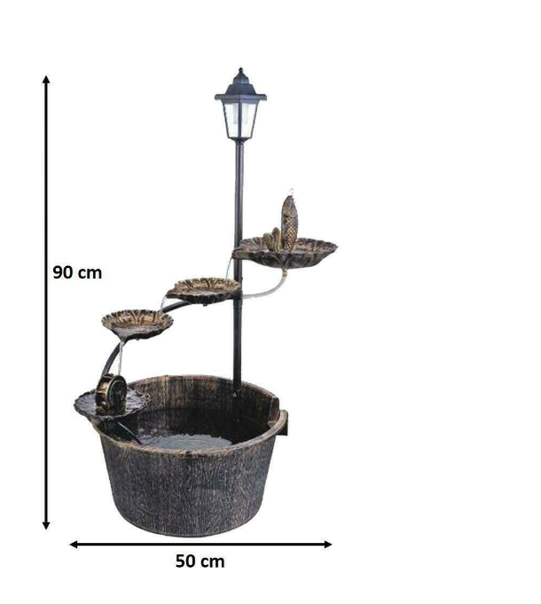 Garden Ornamental Antique Bird Bath Fountain Wood Effect Standing Solar Lamp