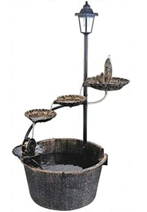 Garden Ornamental Antique Bird Bath Fountain Wood Effect Standing Solar Lamp